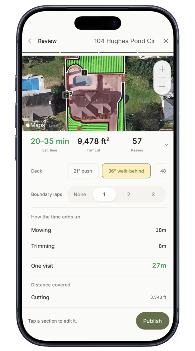The Mow Mapper estimate screen: 20 to 35 minutes, 9,478 square feet, 57 passes, a deck picker, and a breakdown of mowing, trimming, and one-visit time.
