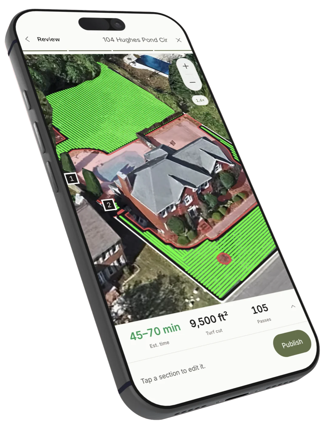 The Mow Mapper review screen: an aerial of a house with the lawn filled by a green striped mowing pattern, and a bar reading 45 to 70 minutes, 9,500 square feet of turf, 105 passes.