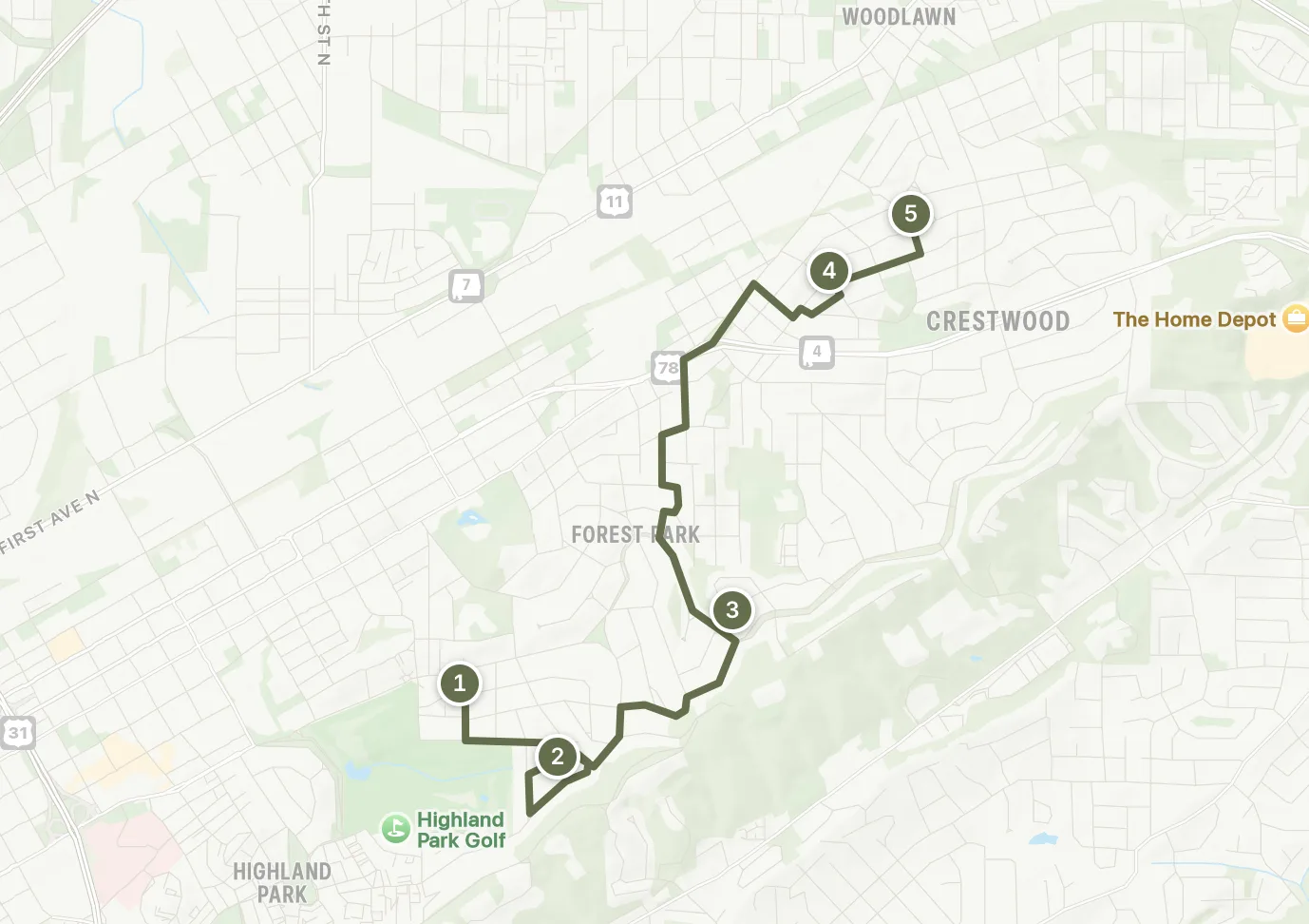A city map with an optimized driving route linking five
                numbered stops in the shortest path between them.